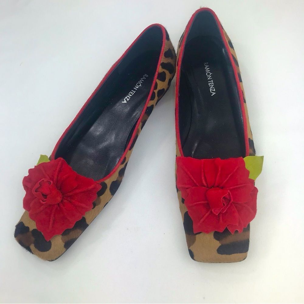 Ramon Tenza Leopard Print Flats with Red Floral Accent